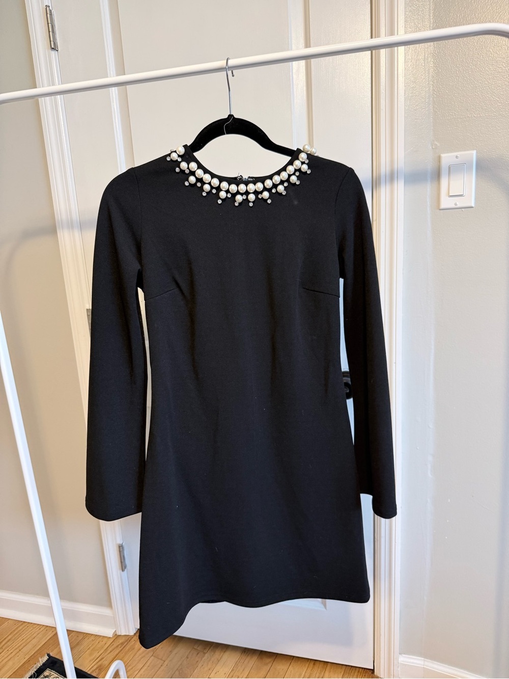 Aqua Black Long-Sleeve Pearl Neckline Shift Dress